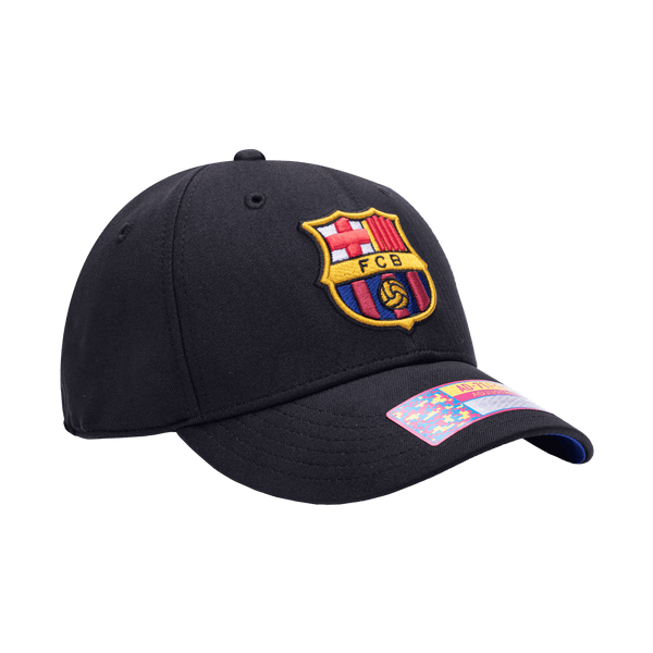 Side view of the FC Barcelona Standard Adjustable hat with mid constructured crown, curved peak brim, and slider buckle closure, in Black.