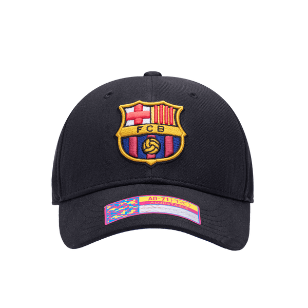 Front view of the FC Barcelona Standard Adjustable hat with mid constructured crown, curved peak brim, and slider buckle closure, in Black.