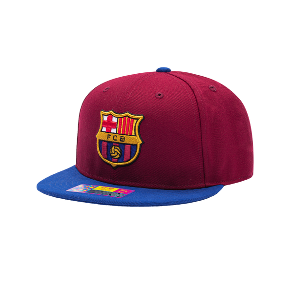Side view of the FC Barcelona Team Fitted Hat with high structured crown, flat peak brim, in Burgundy/Blue