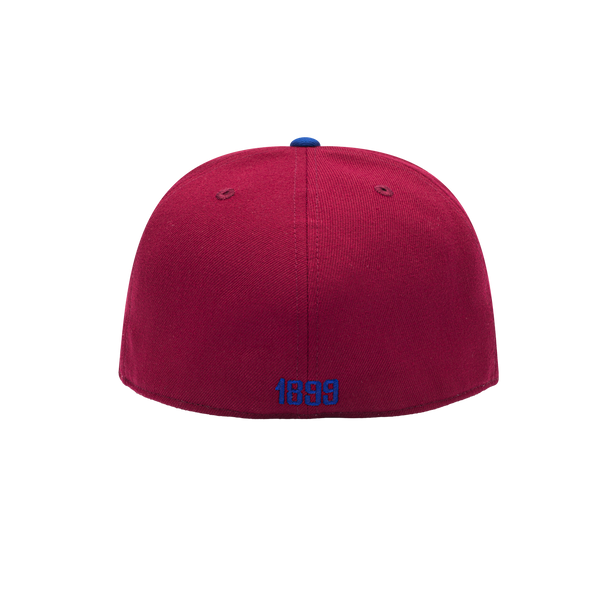 Back view of the FC Barcelona Team Fitted Hat with high structured crown, flat peak brim, in Burgundy/Blue