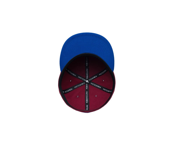 Bottom view of the FC Barcelona Team Fitted Hat with high structured crown, flat peak brim, in Burgundy/Blue