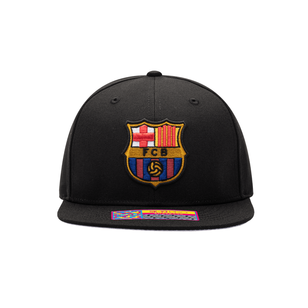 Front view of the FC Barcelona Dawn Snapback with high crown, flat peak brim, adjustable closure, in black