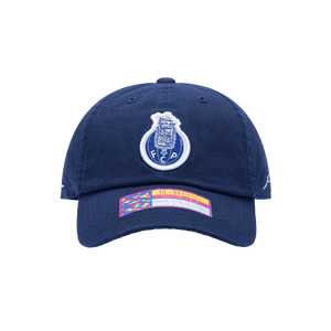 Front view of the FC Porto Bambo Classic hat with low unstructured crown, curved peak brim, and buckle closure, in blue.