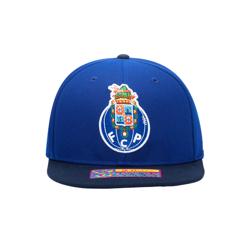 Front view of the FC Porto Team Snapback Hat with high crown and flat peak in Blue/Navy