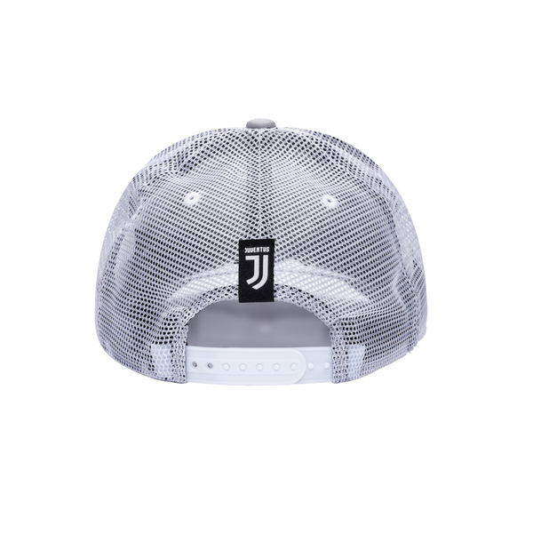 Back view of the Juventus Fog Trucker Hat in Grey/White, with a high crown, curved peak, mesh back and snapback closure.