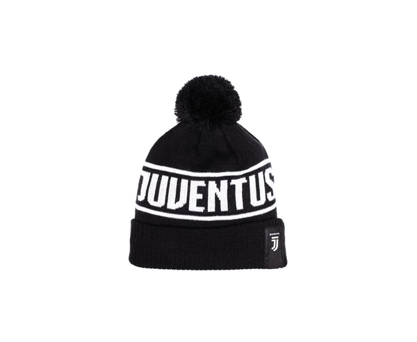 Back view of Black and white JUVE Juventus Hit Beanie with black poof button