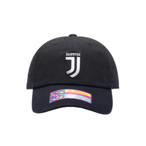 Front view of the Juventus Bambo Classic hat with low unstructured crown, curved peak brim, and buckle closure, in black.