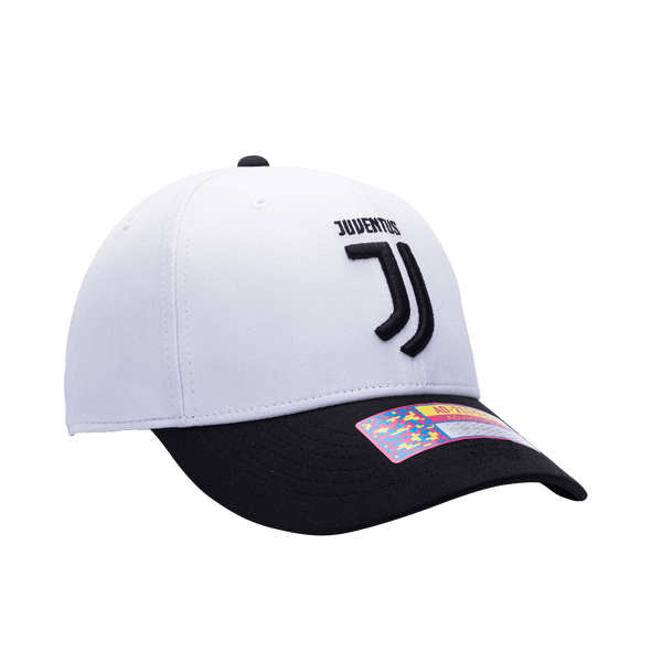 Side view of the Juventus Core Adjustable hat with mid constructured crown, curved peak brim, and slider buckle closure, in White/Black.