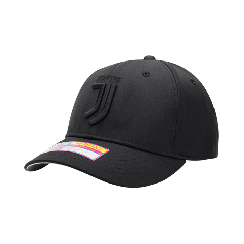 Side view of the Juventus Dusk Adjustable hat with mid constructured crown, curved peak brim, and slider buckle closure, in Black.