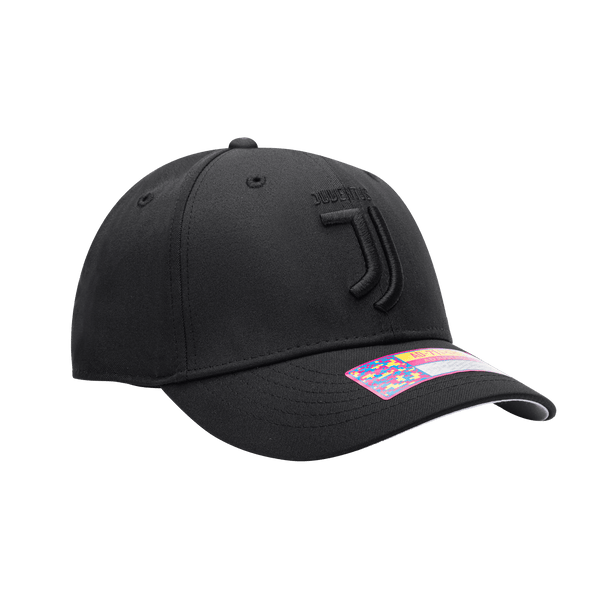 Side view of the Juventus Dusk Adjustable hat with mid constructured crown, curved peak brim, and slider buckle closure, in Black.