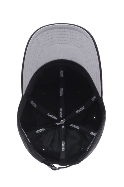 Bottom view of the Juventus Dusk Adjustable hat with mid constructured crown, curved peak brim, and slider buckle closure, in Black.