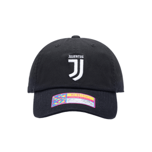 Front view of the Juventus Bambo Kids Classic hat with low unstructured crown, curved peak brim, and buckle closure, in black.