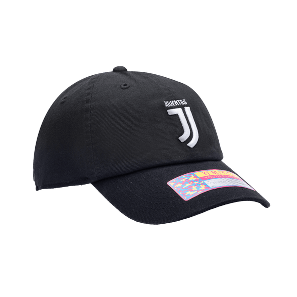 Side view of the Juventus Bambo Kids Classic hat with low unstructured crown, curved peak brim, and buckle closure, in black.