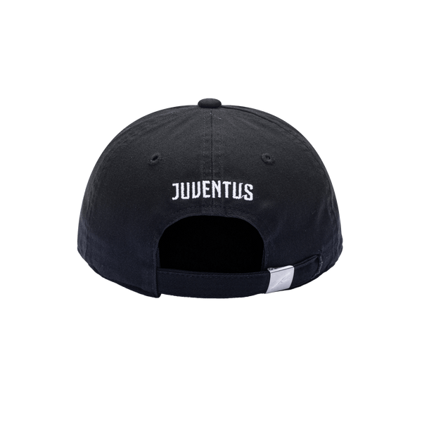 Back view of the Juventus Bambo Kids Classic hat with low unstructured crown, curved peak brim, and buckle closure, in black.