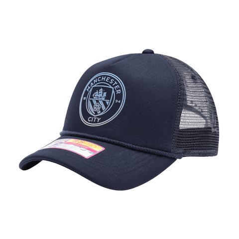 Manchester City Atmosphere Trucker with mid crown, curved peak brim, mesh back, and snapback closure, in Navy