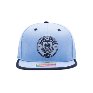 Manchester City Tape Snapback with high crown, flat peak brim, and snapback closure, in Light Blue