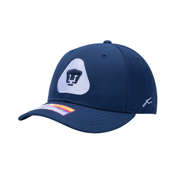 Side view of the Pumas Hit Adjustable hat with mid constructured crown, curved peak brim, and slider buckle closure, in Navy.