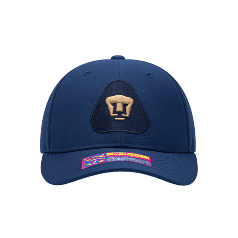 Front view of the Pumas Standard Adjustable hat with mid constructured crown, curved peak brim, and slider buckle closure, in Navy.
