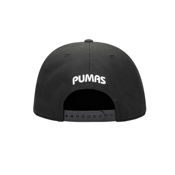 Back view of the Pumas Hit Snapback in black, with high crown and flat peak.