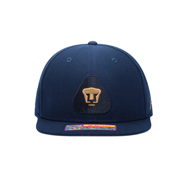 Front view of Pumas Dawn Snapback with high crown, flat peak, and snapback closure, in Navy