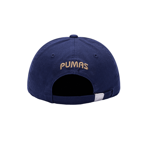 Back view of the Pumas Bambo Kids Classic hat with low unstructured crown, curved peak brim, and buckle closure, in navy.
