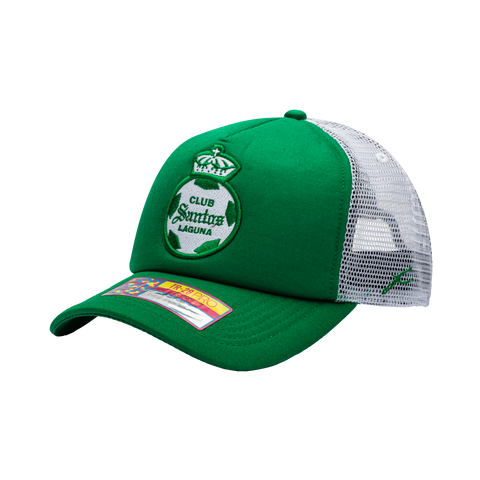 Side view of the Santos Laguna Fog Trucker Hat in Green/White, with a high crown, curved peak, mesh back and snapback closure.