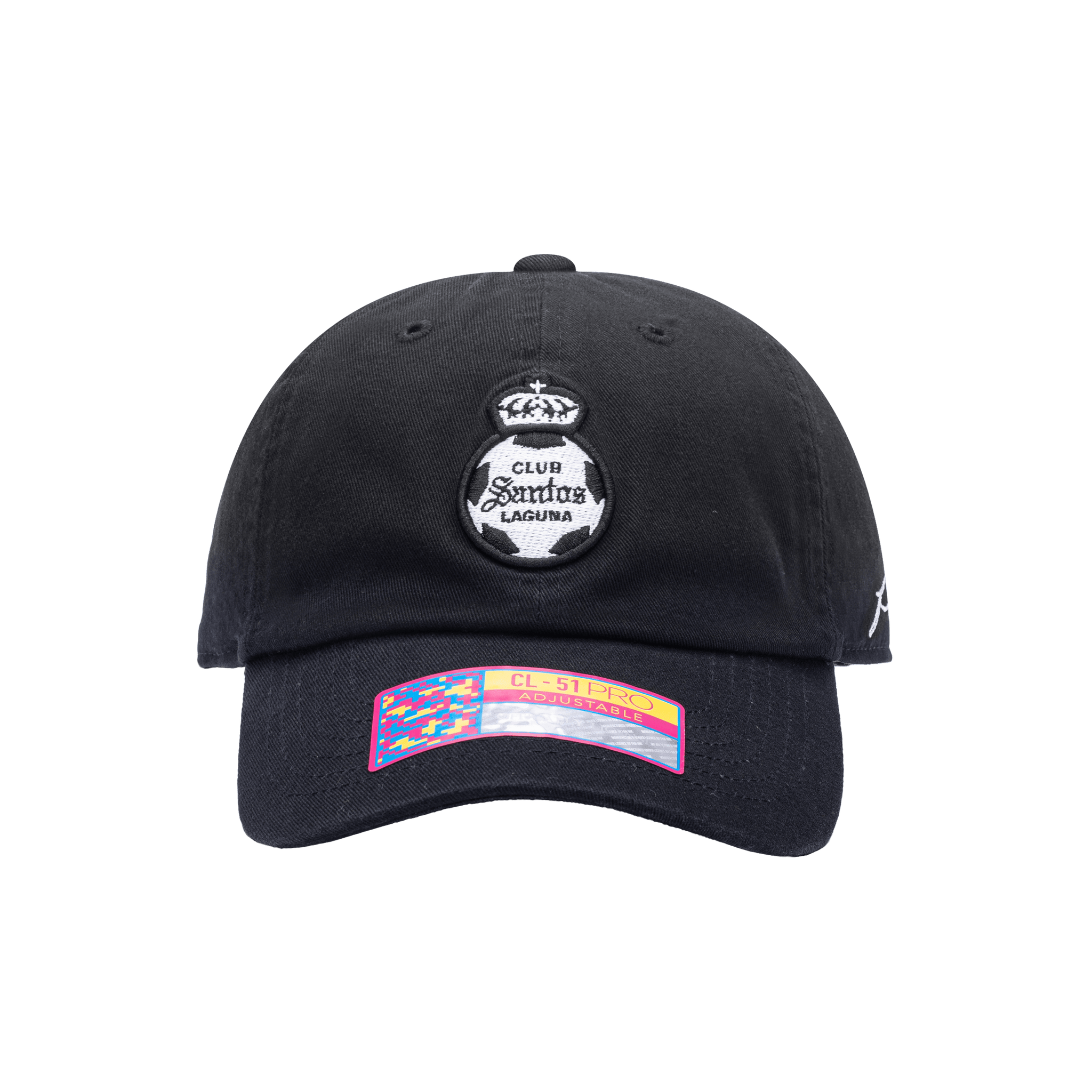 Front view of the Santos Laguna Hit Classic hat with low unstructured crown, curved peak brim, and buckle closure, in black.