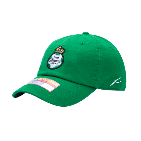 Side view of the Santos Laguna Bambo Classic hat with low unstructured crown, curved peak brim, and buckle closure, in green.