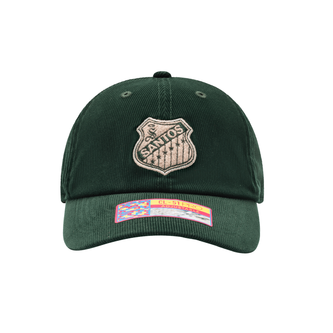 Santos Laguna Princeton Classic Hat in soft fine wale corduroy construction, unstructured low crown, curved peak brim, adjustable flip buckle closure, front embroidered wool backed applique patch with merrowed edges, back embroidered club name, in green.