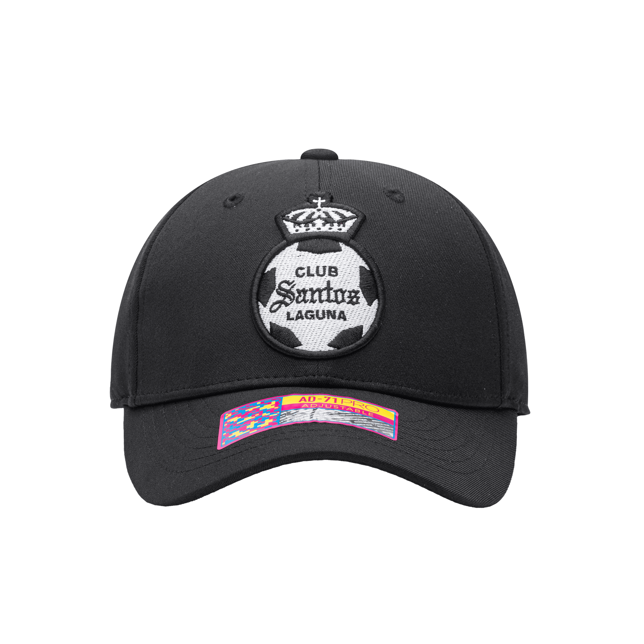 Front view of the Santos Laguna Hit Adjustable hat with mid constructured crown, curved peak brim, and slider buckle closure, in Black.