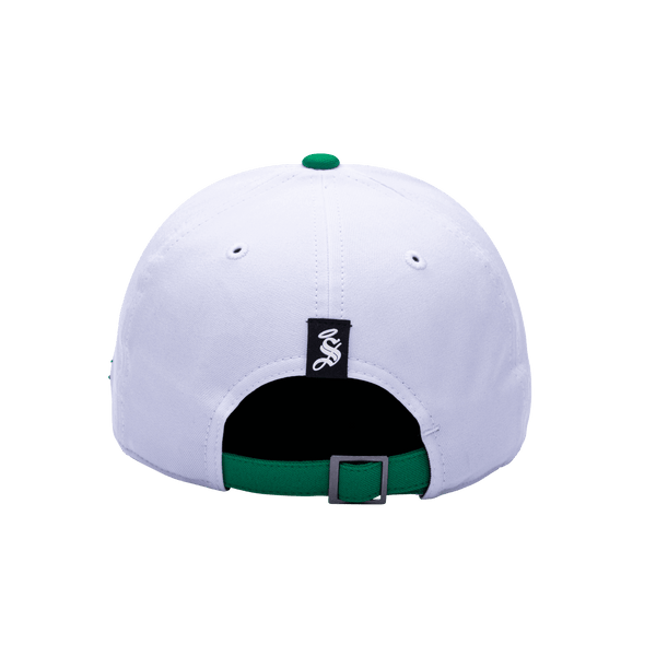 Back view of the Santos Laguna Core Adjustable hat with mid constructured crown, curved peak brim, and slider buckle closure, in White/Green.