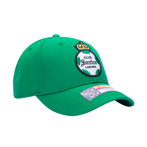 Side view of the Santos Laguna Standard Adjustable hat with mid constructured crown, curved peak brim, and slider buckle closure, in Green.