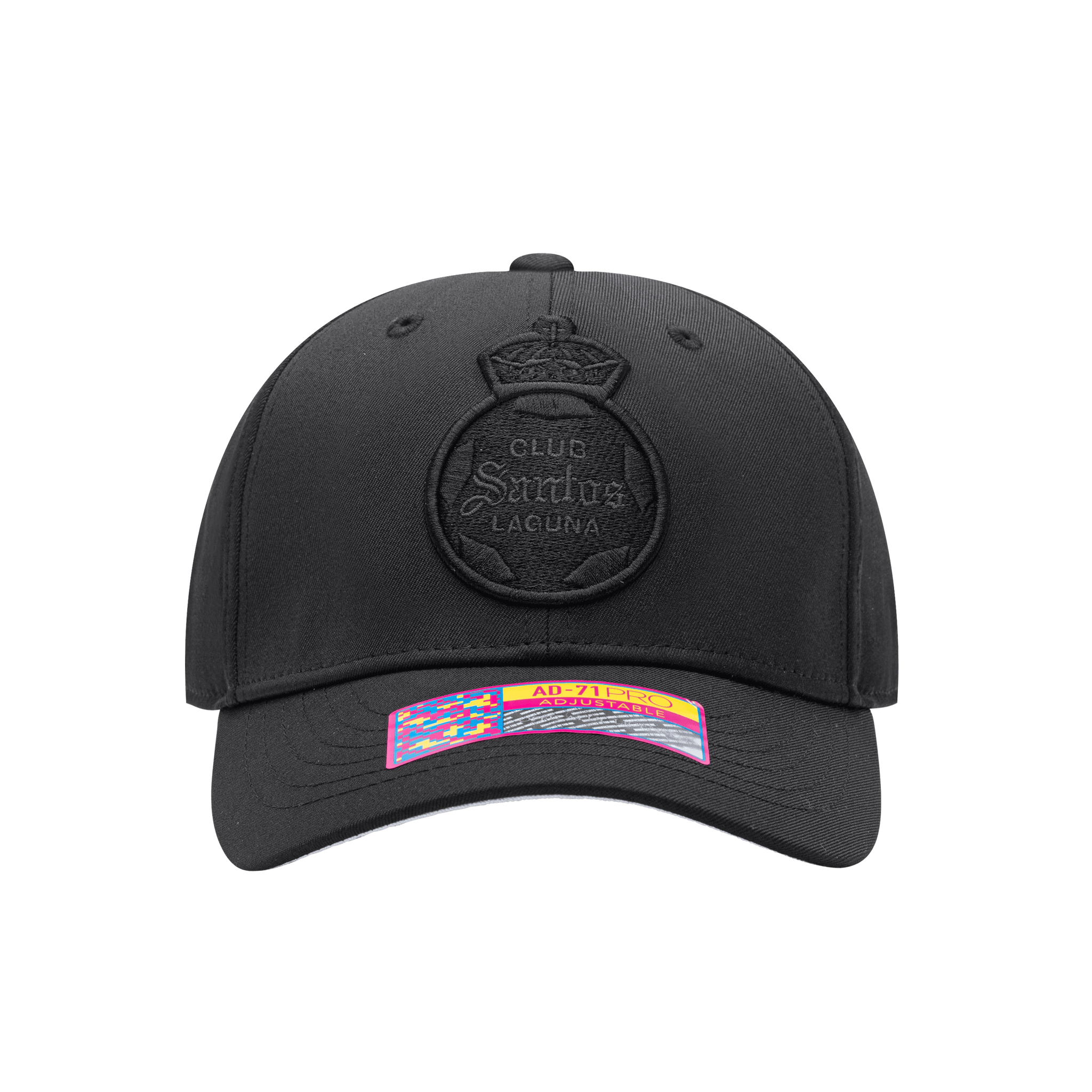 Front view of the Santos Laguna Dusk Adjustable hat with mid constructured crown, curved peak brim, and slider buckle closure, in Black.