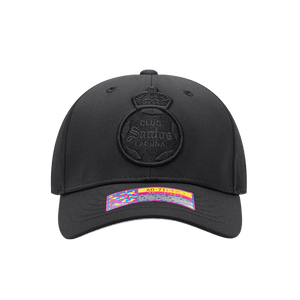 Front view of the Santos Laguna Dusk Adjustable hat with mid constructured crown, curved peak brim, and slider buckle closure, in Black.