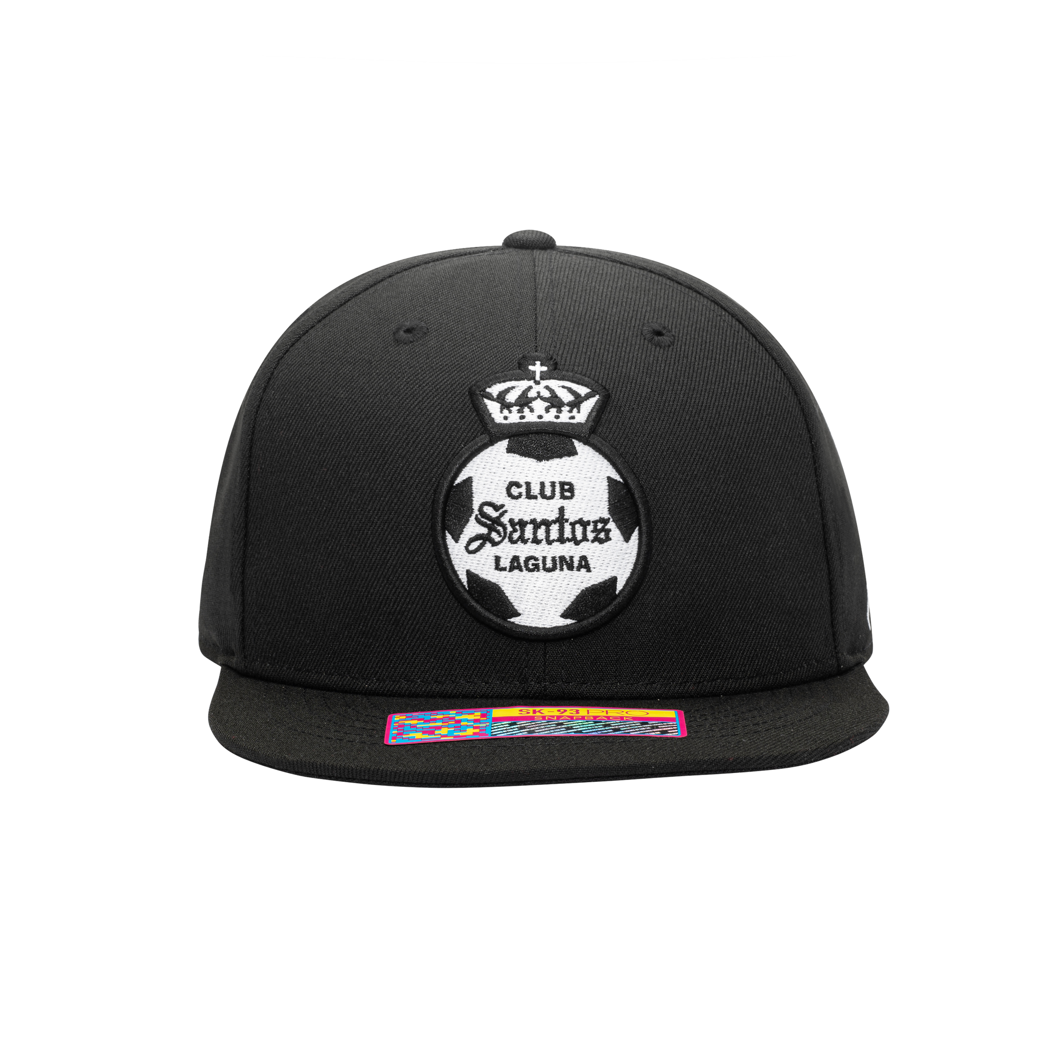 Front view of the Santos Laguna Hit Snapback in black, with high crown and flat peak.