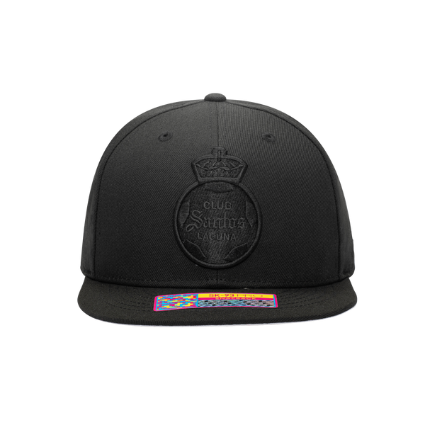 Front view of the Santos Laguna Dusk Snapback in black, with high crown and flat peak.
