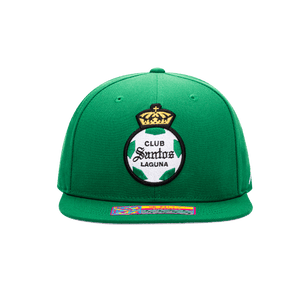Front view of Santos Laguna Dawn Snapback with high crown, flat peak, and snapback closure, in Green